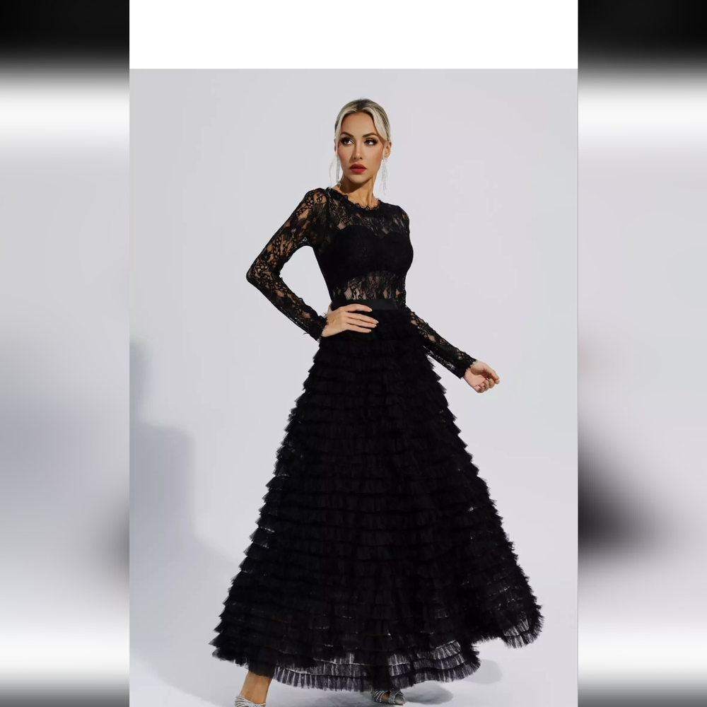Catchall Black Lace Tulle Ruffle Maxi Dress Gothic Formal Evening S